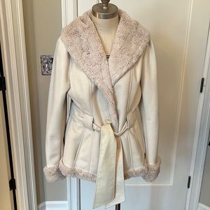 Jones New York cream belted faux shearling mid-length belt jacket
